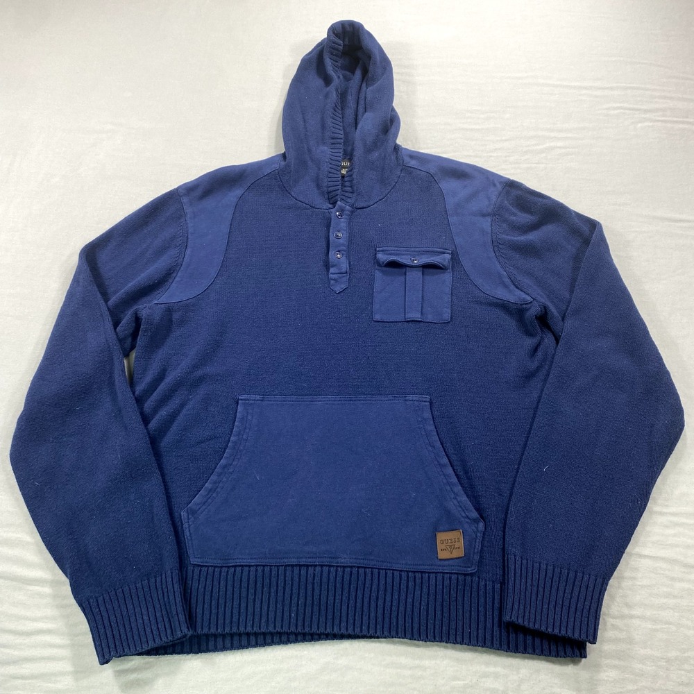 VINTAGE Guess Sweatshirt Mens XL Blue Henley Hoodie Knit Sweater Y2K Adult